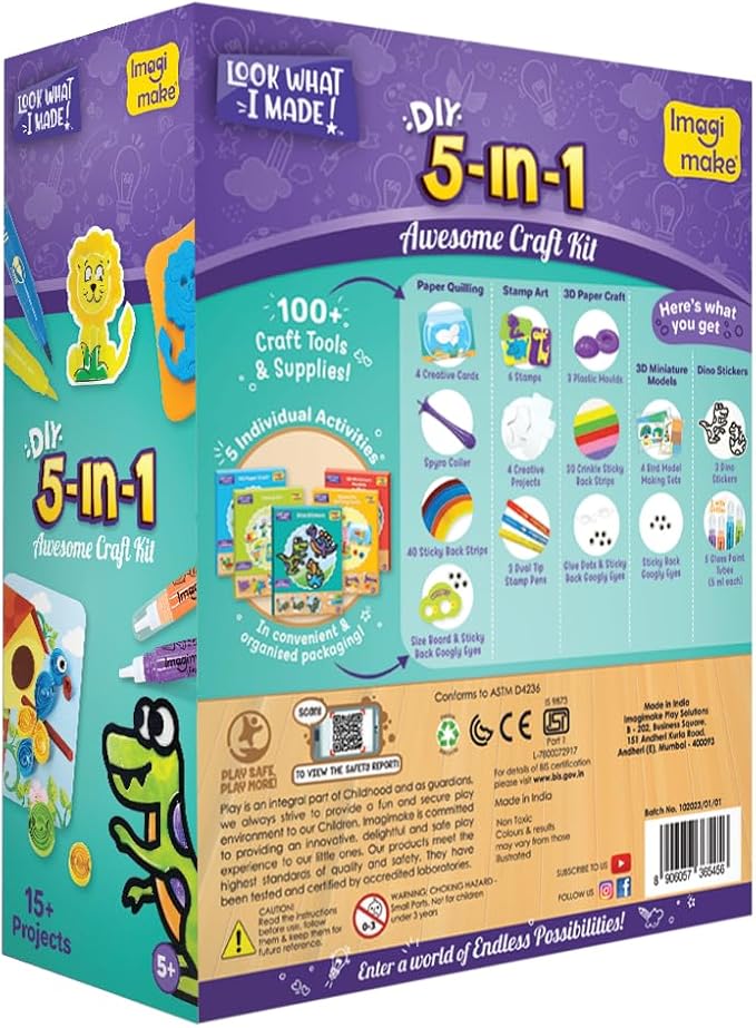Imagimake 5 in 1 Awesome Craft Kit | Over 15 Projects - Creative DIY Arts & Crafts, Craft Kit for Kids | Gifts for 5 6 7 8 9 10 11 12 Years Old Girls & Boys | Arts and Crafts for Kids Ages 6-8 & 8-12-BubblyBeeBaby