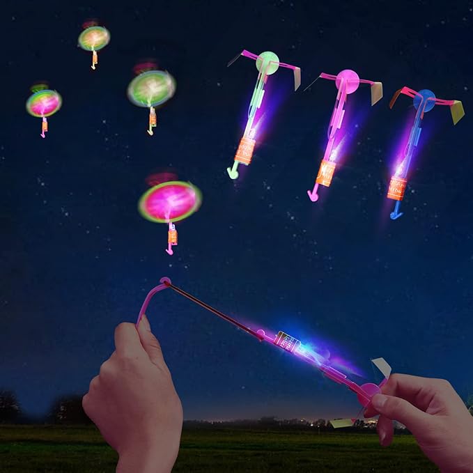 25 Sets LED Flying Set, 25 Slingshot+25 Glow Helicopter-50 Pcs, Flying Toy Outdoor Toys Glow in The Dark Party Supplies Party Favors for Kids 8-12,4-8-BubblyBeeBaby