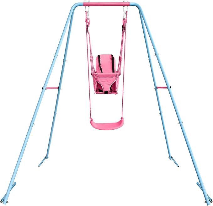 2-in-1 Toddler Swing Set with Metal Stand, Safety Belt & 4 Anchors - A-Frame Swing for Kids 6 Months+ (Pink, Indoor/Outdoor Backyard Playground)-BubblyBeeBaby