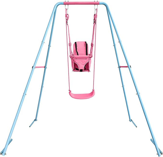 2-in-1 Toddler Swing Set with Metal Stand, Safety Belt & 4 Anchors - A-Frame Swing for Kids 6 Months+ (Pink, Indoor/Outdoor Backyard Playground)-BubblyBeeBaby