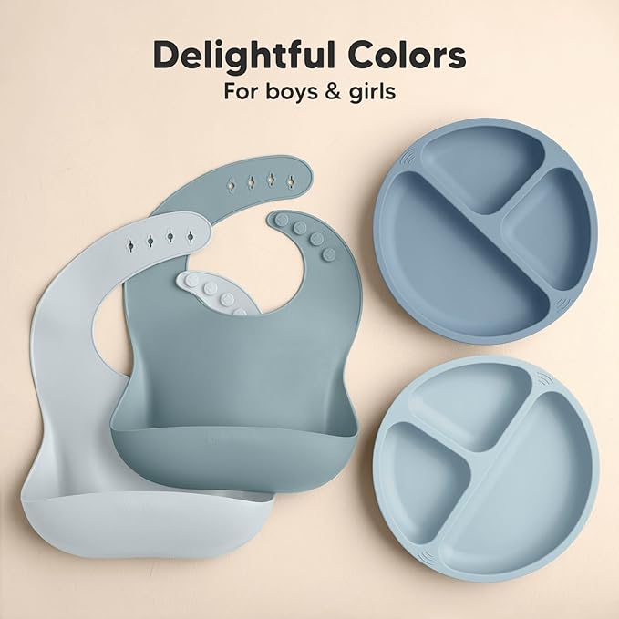 KeaBabies 2-Pack Silicone Baby Bibs for Eating - Sturdy Food-Grade Silicone Bibs for Babies Girl, Boy, Large Food Catcher, Clean & Put On Easily, Waterproof Toddler Feeding Essentials (Alps)-BubblyBeeBaby