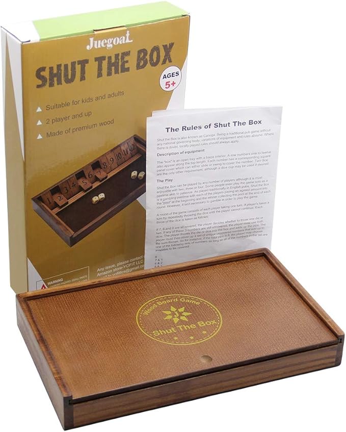 Juegoal Shut The Box Wooden Board Dice Game with 12 Numbers and Lid for Kids Adults Families, 2 Players and Up-BubblyBeeBaby