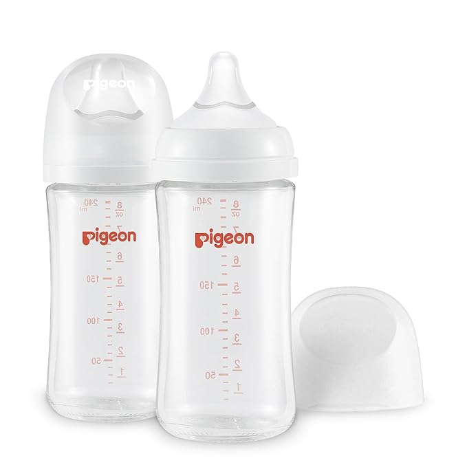 Pigeon Glass Nursing Bottle Wide Neck, Anti-Colic, Streamlined Body, Natural Feel, Easy to Clean, Heat-Resistant, 8.1 Oz(Pack of 2), Includes 2pcs M Nipples (3m+)-BubblyBeeBaby