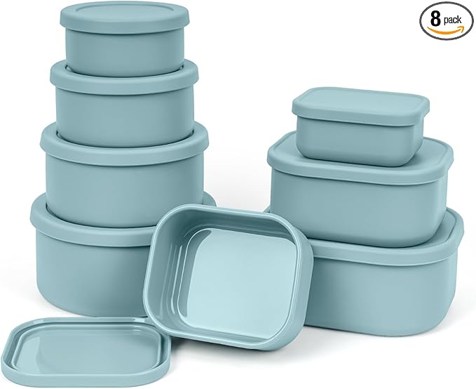 100% Silicone Food Storage Containers with Lids, 8 Pack, 10oz to 51oz, Reusable Leakproof Nesting & Stackable Silicone Bento Lunch Box, Microwave Freezer Dishwasher Oven Safe, BPA Free, Slate Green-BubblyBeeBaby