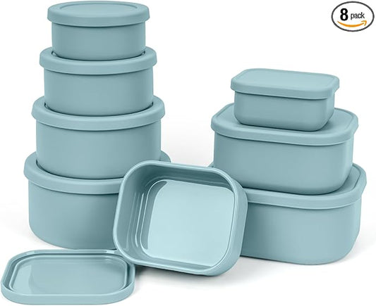 100% Silicone Food Storage Containers with Lids, 8 Pack, 10oz to 51oz, Reusable Leakproof Nesting & Stackable Silicone Bento Lunch Box, Microwave Freezer Dishwasher Oven Safe, BPA Free, Slate Green-BubblyBeeBaby