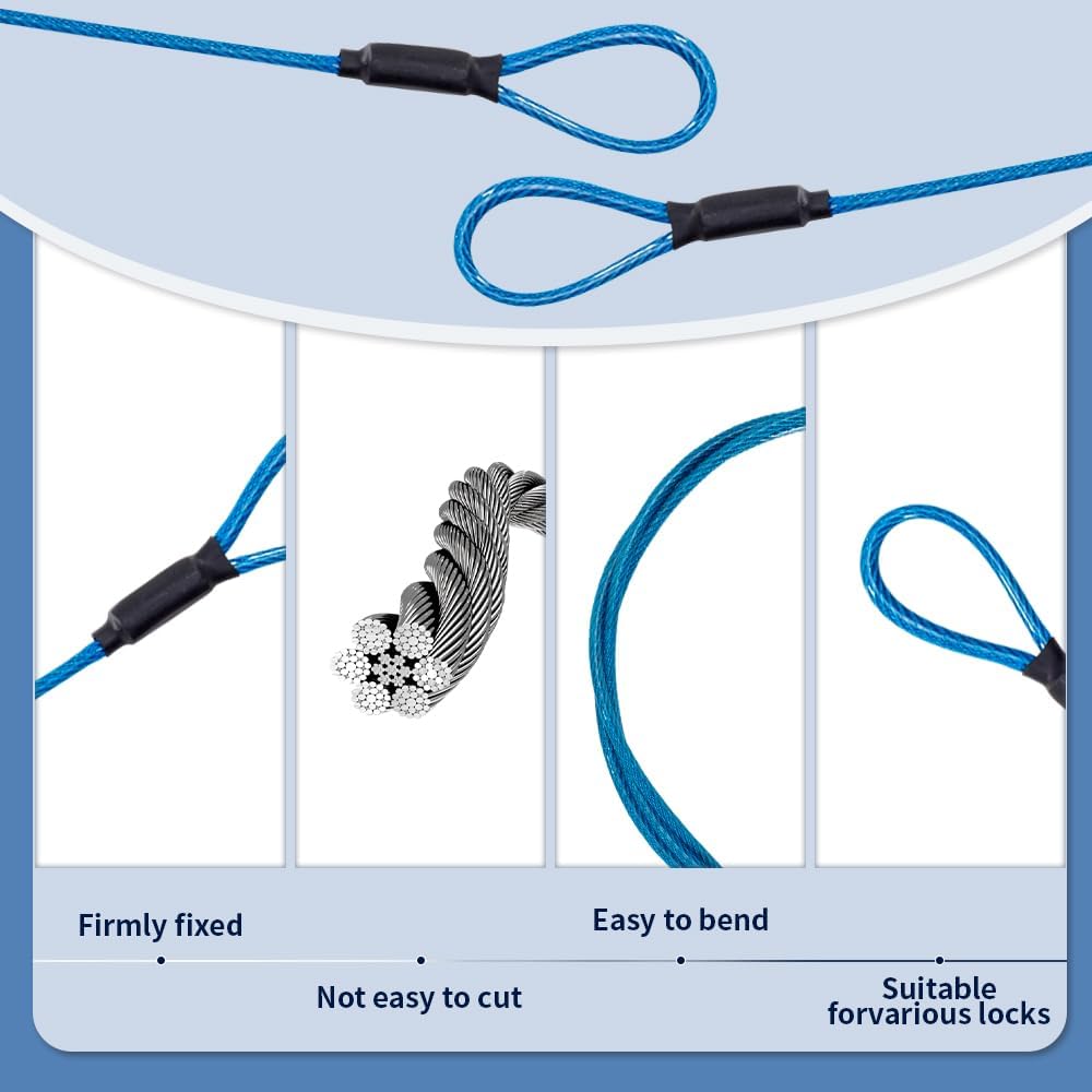 3.3mm Steel Wire Rope Outdoor Travel Security Cable Lock,Braided Steel Coated Safety Cable Luggage Lock,Safety Cable Wire Rope Chain Lock Double Loop Lightweight (Blue, 24in/2Pcs)
