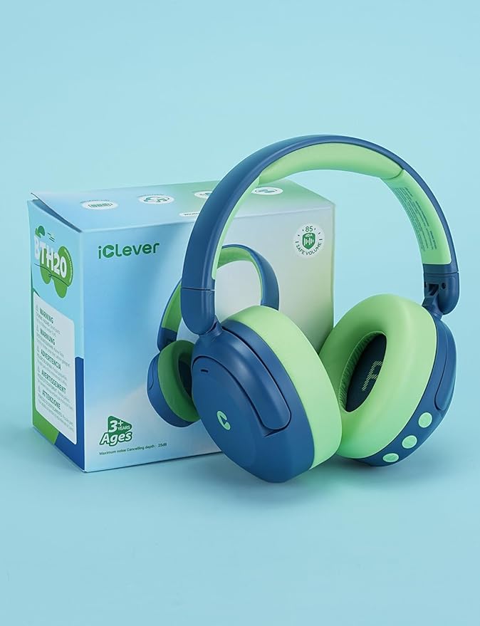 iClever BTH20 Active Noise Cancelling Headphones for Kids, 60H Play Time,Type C Fast Charging, Safe Volume 80dBA, Bluetooth5.4, Award-Winning Kids Headphones Wireless for iPad Tablet Airplane, Blue-BubblyBeeBaby