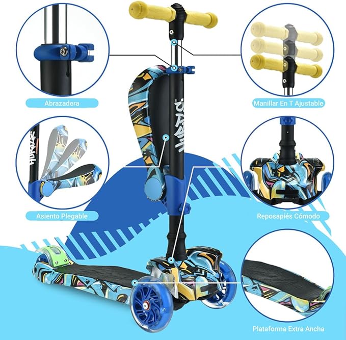 Hurtle 3-Wheeled Scooter for Kids - Wheel LED Lights, Adjustable Lean-to-Steer Handlebar, and Foldable Seat - Sit or Stand Ride with Brake for Boys and Girls Ages 1-14 Years Old-BubblyBeeBaby