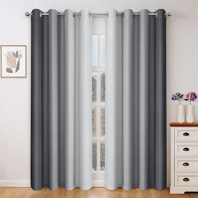 HOMEIDEAS Gray Grey Ombre Blackout Curtains, 52 X 84 Inch Length Gradient Color Room Darkening Curtains with Grommet Thermal Insulated Window Drapes for Living Room, Bedroom, 2 Panels-BubblyBeeBaby