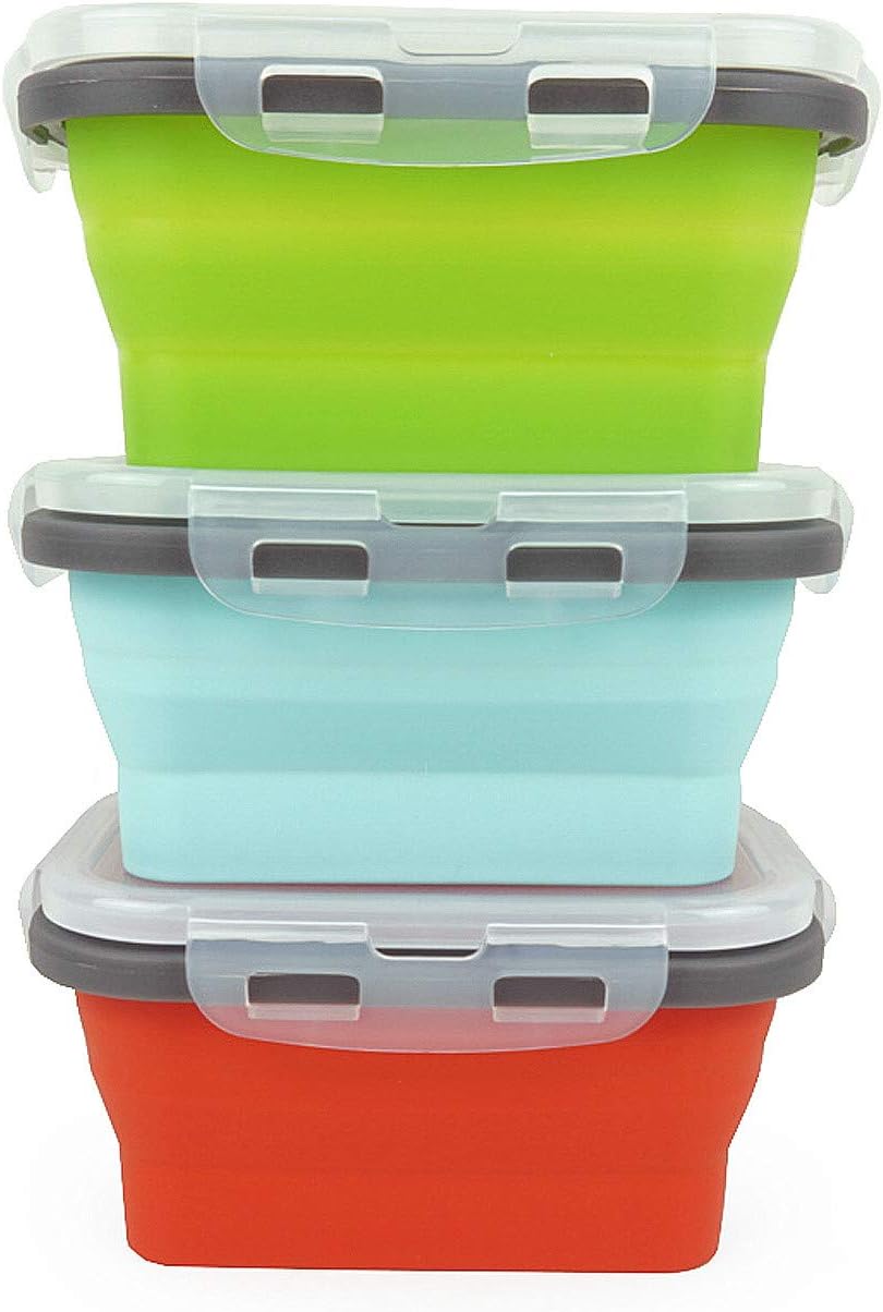 ECOmorning 3 Piece Silicone Food Storage Containers Collapsible Silicone Bowl with Airtight Silicone Lids, Collapsible Lunch Box - Microwave, & Freezer Safe, 350ML