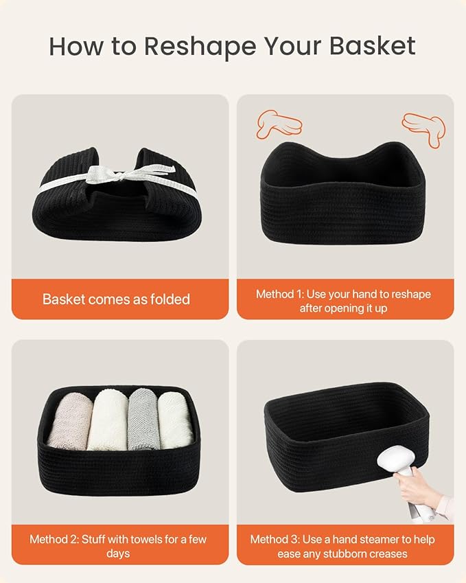 KALLAX Small Woven Basket, 12 x 8 x 4.5 Inches, Storage Basket for Organizing, Cute Small Rope Shelf Closet Cube Storage Bins Baskets for Shelves, Dog Toy Gift Baskets Empty, 3 Packs, Black-BubblyBeeBaby