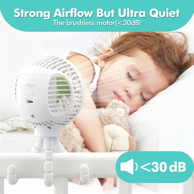 HomeLifairy Portable Stroller Fan, USB or Rechargeable Battery Operated with 3 Speeds and 360°Rotate, Cooling Clip On for Baby Crib Travel Car Seat White-BubblyBeeBaby
