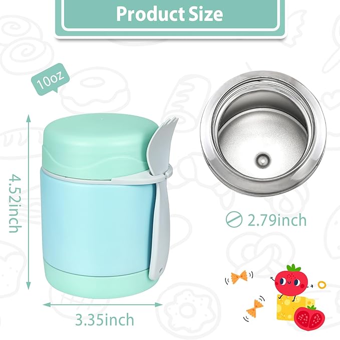 10oz Soup Thermo for Hot Food Kids,Lunch Thermo Kids Food Jar with Spoon Hot Insulated Food Containers,Leak Proof Stainless Steel Wide Mouth Lunch Food Thermo Jar for School(Mint-Green)-BubblyBeeBaby