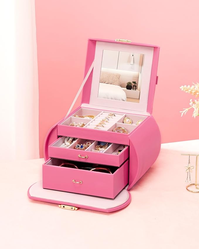 Homde Girls Jewelry Box Jewelry Storage Case Organizer with Mirror for Rings, Earrings, Bracelets, Necklaces (Pink + Gold)-BubblyBeeBaby