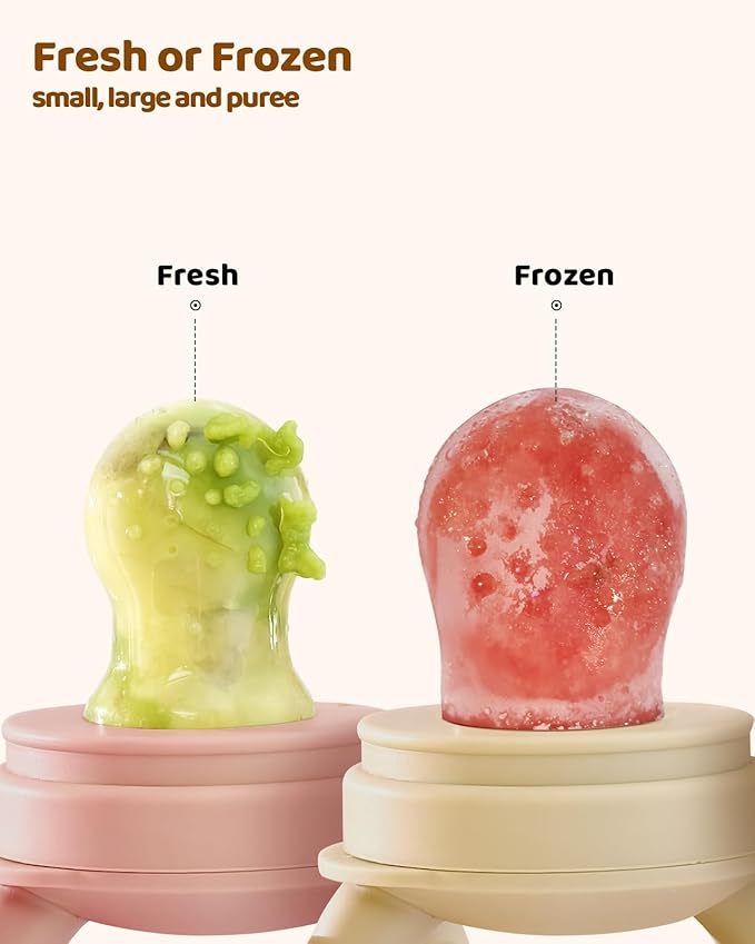 2 Packs Baby Fruit Feeder & Freezer Nibble Tray Combo, Push Pop Baby Food Feeder to Safely Introduce New Foods, Fresh & Frozen Food Silicone Feeder, 100% Food Grade, BPA Free (Caramel & Pink)-BubblyBeeBaby