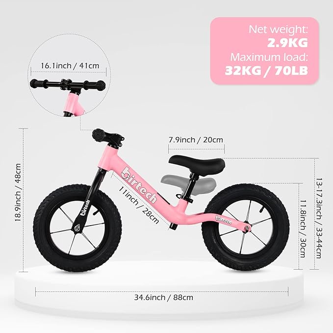 12" Balance Bike for 2, 3, 4, 5 Year Old Boys and Girls, Lightweight Nylon Frame Toddler Training Bike No Pedal Bikes for Kids with Adjustable Seat and Air Tires-BubblyBeeBaby