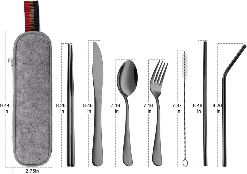 DEVICO Portable Utensils, Travel Camping Cutlery Set, 8-Piece including Knife Fork Spoon Chopsticks Cleaning Brush Straws Portable Case, Stainless Steel Flatware set (Black)