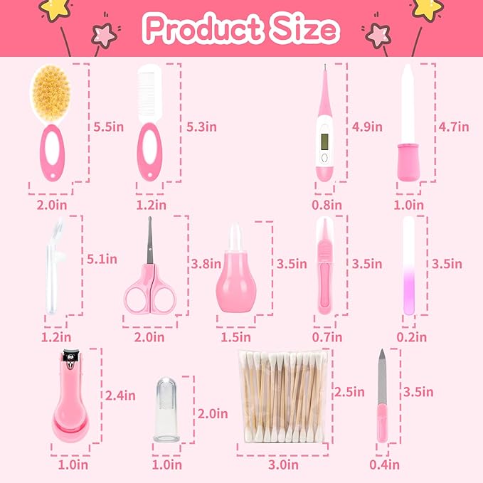 Baby Grooming Kit，Infant Safety Care Setwith Hair Brush Comb Nail Clipper Nasal Aspirator, Baby Essentials Kit for Newborn Girls Boys (14 PC-Pink Kit)-BubblyBeeBaby
