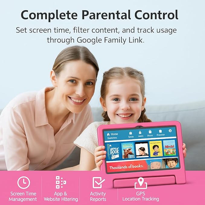 10.1" Kids Tablet Android 14 | 64GB Octa-Core 8GB RAM | Shockproof Case & Parental Control | 12H Fast Charge | HD Display w/Google Kids Space & Educational Apps | WiFi 6/Bluetooth/GPS | Ages 3-12-BubblyBeeBaby