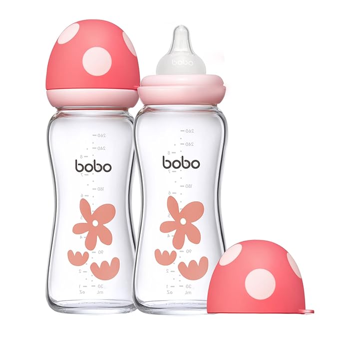 YOHKOH Natural Glass Baby Bottle with Natural Response Nipple, Newborn Anti-Colic Baby Bottles, Wide Neck Mushroom Cap Baby Bottle, Clear (8.8oz (Pack of 2), Red-A)-BubblyBeeBaby