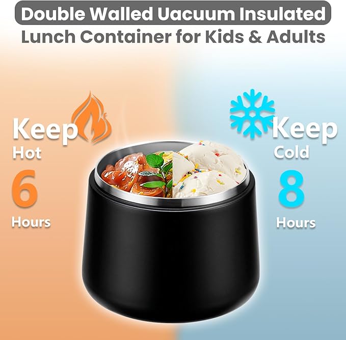 14oz Insulated Vacuum Food Jar with Buckle Lid,Soup Thermo for Hot Food Kids,Wide Mouth Leakproof Stainless Steel Lunch Container with Spoon-Black-BubblyBeeBaby