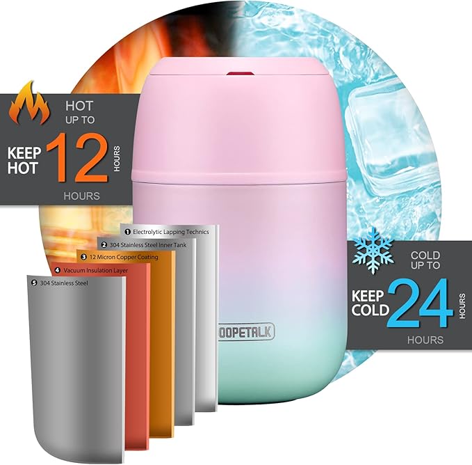 17 oz Insulated Lunch Containers Hot Food Jar, Wide Mouth Lunch Thermo for Kids Adults, Vacuum Stainless Steel Lunch Box With Handle Folding Spoon for School, Office (Blue-Pink)-BubblyBeeBaby