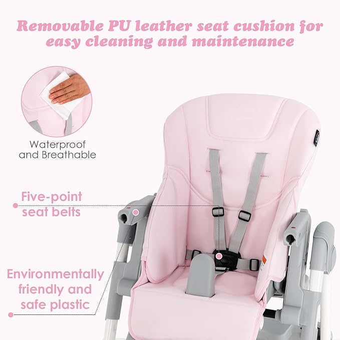 INFANS High Chair for Babies & Toddlers, Foldable Highchair with Multiple Adjustable Backrest, Footrest and Seat Height, Removable Tray, Detachable PU Leather Cushion, Built-in Rear Wheels (Pink)-BubblyBeeBaby