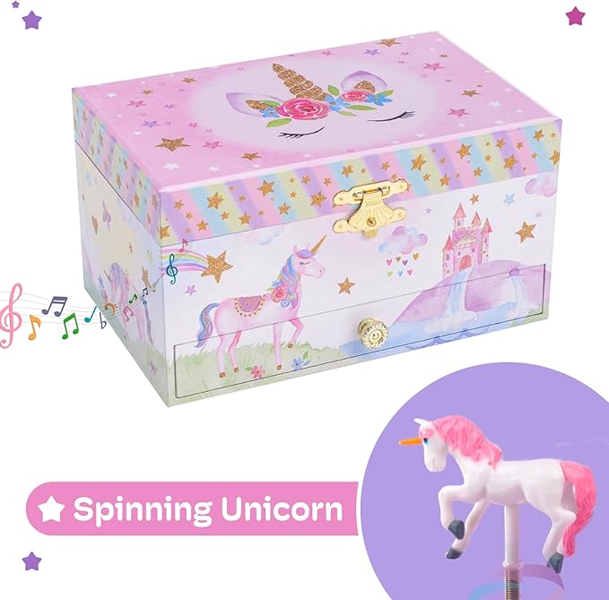 Jewelkeeper Jewelry Box for Girls with 1 Drawer - Unicorn Musical Jewelry Boxes, Beautiful Dreamer Tune, Spinning Unicorn Doll, Little Girl Music Box, Gifts for 5 Year Old Girls (Engineered Wood)-BubblyBeeBaby