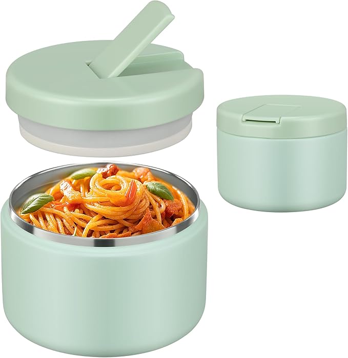 12oz Insulated Vacuum Food Jar with Buckle Lid Wide Mouth Soup Thermo for Hot Food Kids Leakproof Stainless Steel Lunch Container (Mint, 12OZ)-BubblyBeeBaby
