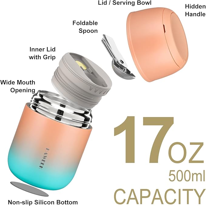 Insulated Food Container 17 oz Soup Thermo for Hot Food Adults, Stainless Steel Vacuum Lunch Box with Folding Spoon, Adult Kids Thermo Portable with Handle for School, Office, Outdoor-BubblyBeeBaby