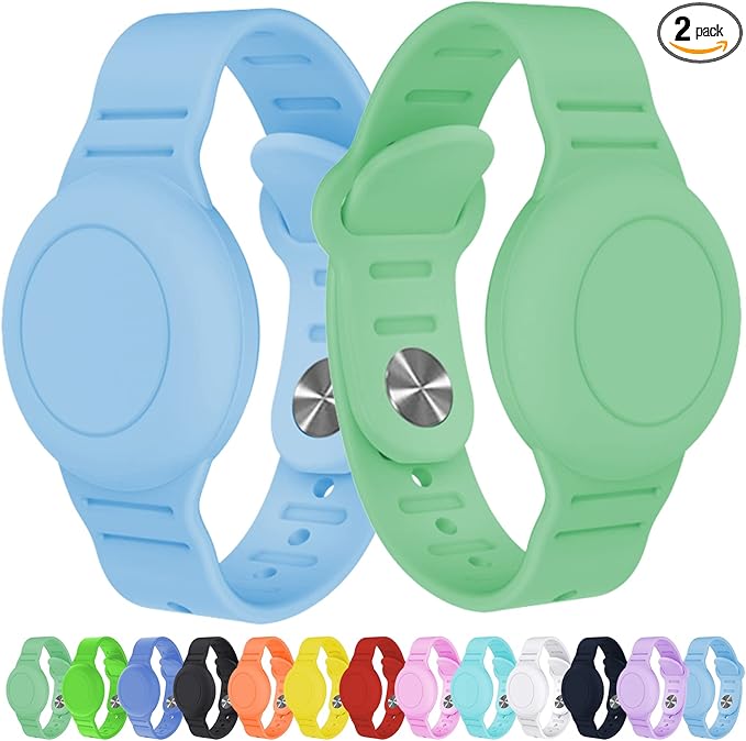 2 Pack Waterproof AirTag Bracelet for Kids, Hidden Silicone Wristband for AirTag, GPS Tracker Case for Air Tag Holder Strap Band for Child Toddler,Secure Anti-Loss Protection(Blue Matcha)-BubblyBeeBaby