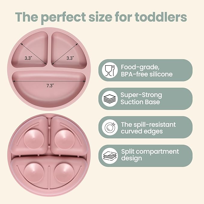 2 Pack Silicone Divided Baby Plates with Suction, 2 Pack Toddler Forks and Spoons Set, BPA Free, Baby Feeding Set for Toddler Utensils, Microwave and Dishwasher Safe-BubblyBeeBaby
