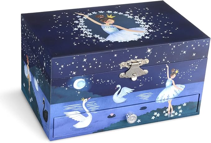 Jewelkeeper Girl's Ballerina Musical Jewelry Storage Box with Pullout Drawer, Glitter Design, Swan Lake Tune Blue-BubblyBeeBaby