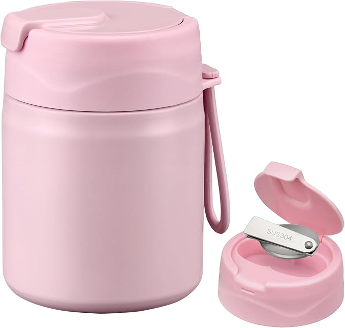 17oz Soup Thermo for Hot Food Kids,Insulated Food Jar with Spoon,Thermo Hot Food Lunch Container,Wide Mouth Leakproof Stainless Steel Lunch Box for School-Pink-BubblyBeeBaby
