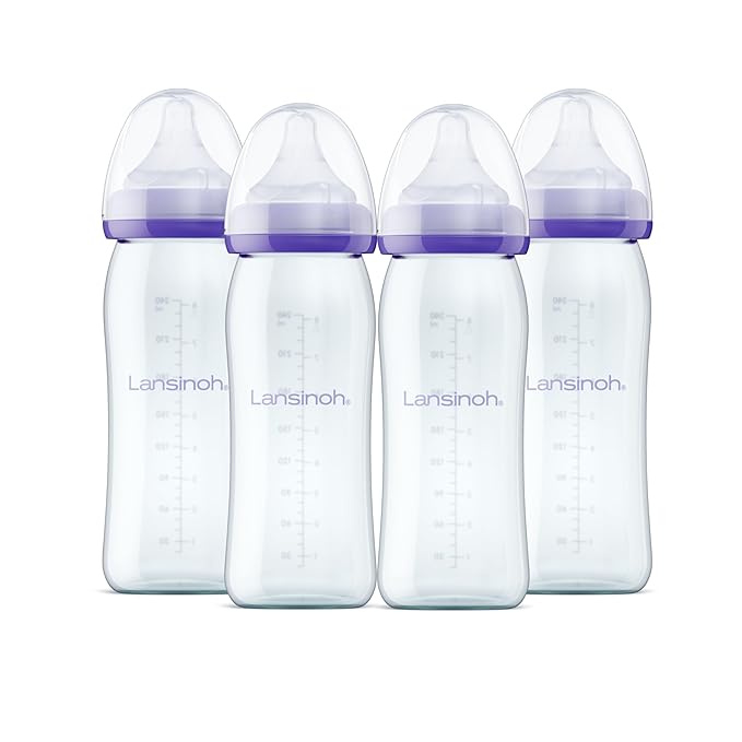 Lansinoh Anti-Colic Glass Baby Bottles, 8 Ounces, 4 Count Bottles for Feeding, Baby Essentials, Includes 4 Medium Flow Nipples, Size M-BubblyBeeBaby