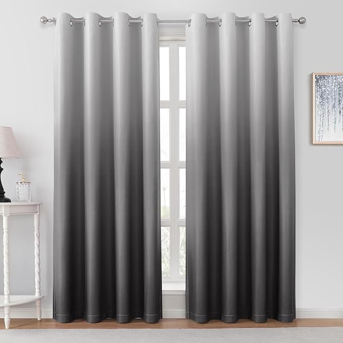 HOMEIDEAS Grey Gray Ombre Blackout Curtains 52 X 96 Inch Length Gradient Room Darkening Thermal Insulated Energy Saving Grommet 2 Panels Window Drapes for Living Room, Bedroom-BubblyBeeBaby
