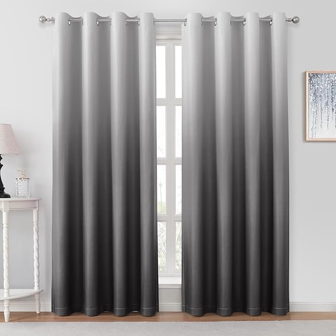 HOMEIDEAS Grey Gray Ombre Blackout Curtains 52 X 84 Inch Length Gradient Room Darkening Thermal Insulated Energy Saving Grommet 2 Panels Window Drapes for Living Room, Bedroom-BubblyBeeBaby