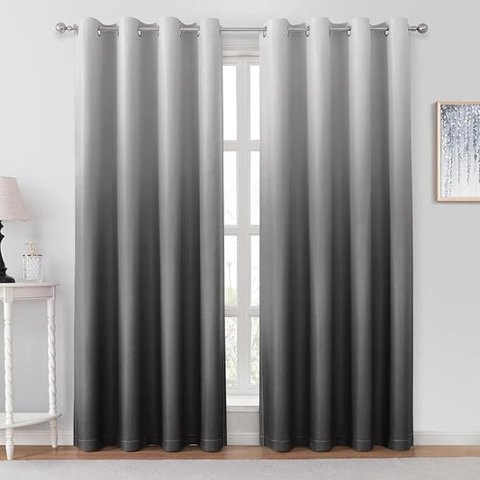 HOMEIDEAS Grey Gray Ombre Blackout Curtains 52 X 84 Inch Length Gradient Room Darkening Thermal Insulated Energy Saving Grommet 2 Panels Window Drapes for Living Room, Bedroom-BubblyBeeBaby