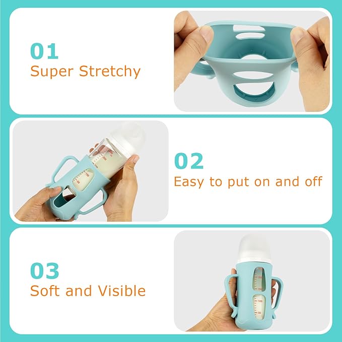 Silicone Sleeves for Pigeon Baby Bottles 8.1 oz,Anti Breakage Glass Baby Bottle Holder with Handles 2 Pack-BubblyBeeBaby