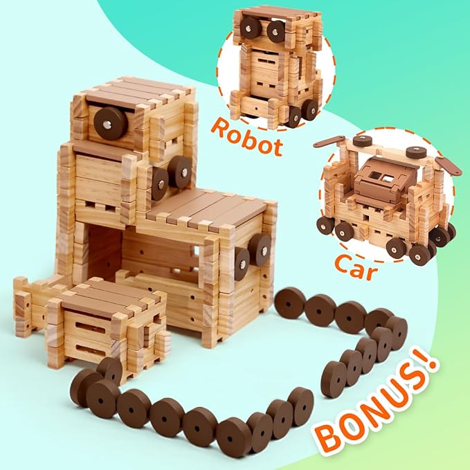 Jovi-mindly＆Notchies Wooden Blocks Train Set 101 PCS Create 40+ Shapes,Toys Educational Wooden Building Blocks Puzzles for Kids Ages 5-8 Boys and Girls,Truck/Excavator,FSC Certified,Graduate Gifts-BubblyBeeBaby