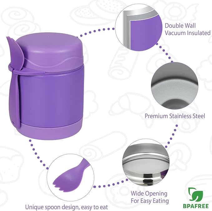 10oz Soup Thermo for Hot Food Kids,Lunch Thermo Kids Food Jar with Spoon Hot Insulated Food Containers,Leak Proof Stainless Steel Wide Mouth Lunch Food Thermo Jar for School(Purple)-BubblyBeeBaby