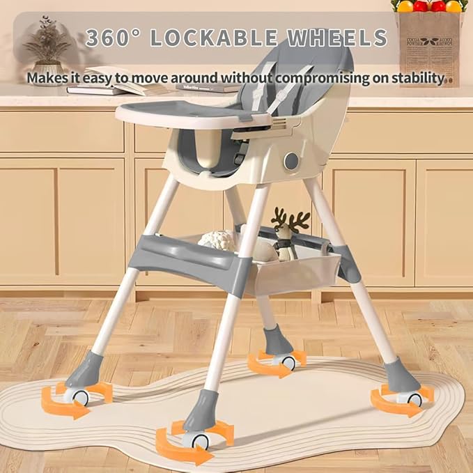 High Chairs for Babies and Toddlers, 4 in 1 Convertible Baby High Chair, Portable High Chair for Travel with Adjustable Height and Back, Foldable HighChair with Wheels& Pu Cushion (Grey)-BubblyBeeBaby