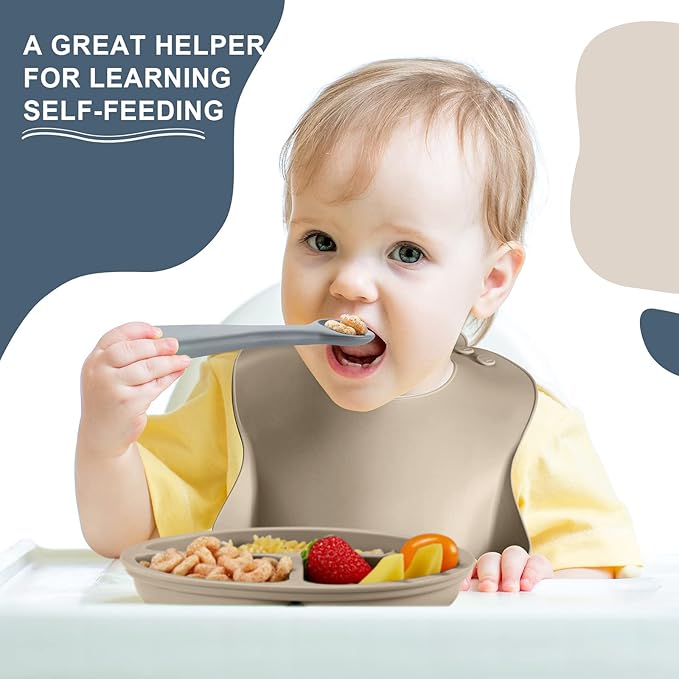 10 Pack Silicone Baby Feeding Set, Toddlers Led Weaning Feeding Supplies with Suction Baby Bowl Divided Plate Adjustable Bib Soft Silicone Spoon Fork, Infant Self Eating Utensil Set (Gray, Khaki)-BubblyBeeBaby