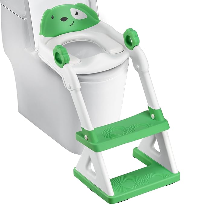 2 In 1 Potty Training Toilet Seat & Toddler Step Stool, Bottom Triangle Stability Toddler Toilet Seat, Adjustable Step & Seat Height Potty Seats (Green)-BubblyBeeBaby