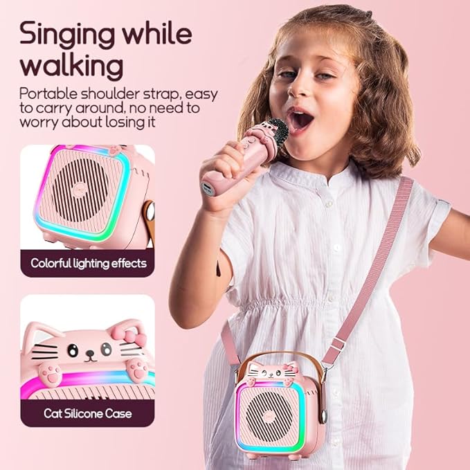 Karaoke Machine with 2 Wireless Microphones for Kids Adults,Portable Bluetooth Speaker Girls Toddlers Toy Gift for Aged 3-12 Year Birthday Parties Christmas Party - Pink-BubblyBeeBaby