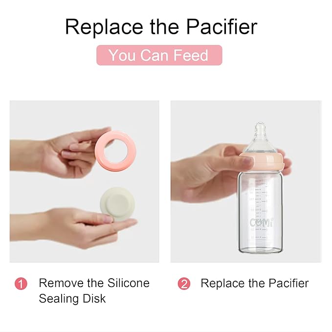 COMI Wide Neck Glass Breastmilk Collection n Storage Bottle, 8oz with Screw Ring Sealing Disk; Re-markable Sealing Disc. BPA Free, Fits Breast Pumps & Nipples (6 Pink Lids)-BubblyBeeBaby