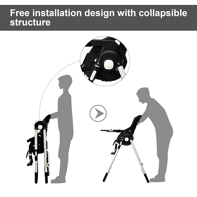 INFANS High Chair for Babies & Toddlers, Foldable Highchair with Multiple Adjustable Backrest, Footrest and Seat Height, Removable Tray, Detachable PU Leather Cushion, Built-in Rear Wheels (Black)-BubblyBeeBaby
