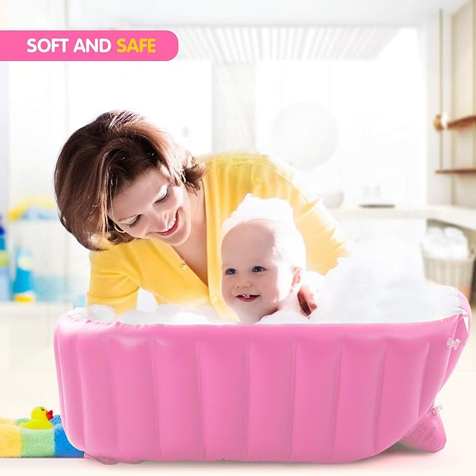Inflatable Baby Bathtub, Portable Infant Toddler Bathing Tub Non Slip Travel Bathtub Mini Air Swimming Pool Kids Thick Foldable Shower Basin with Air Pump, Pink-BubblyBeeBaby