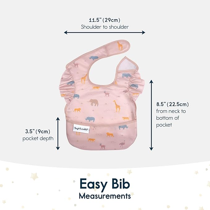 Tiny Twinkle Mess Proof Baby Bibs for Eating - Waterproof, Wipeable Bibs - Toddler Bibs - Travel Friendly - PFAS, PVC, BPA, Phthalate Free - Baby Food Bibs(3 Pack,Petite Safari)-BubblyBeeBaby