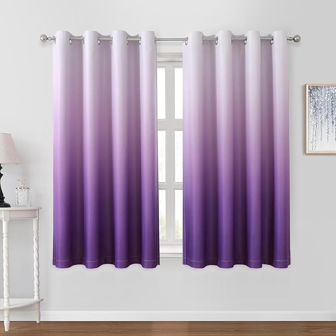 HOMEIDEAS Purple Ombre Blackout Curtains 52 X 63 Inch Length Gradient Room Darkening Thermal Insulated Energy Saving Grommet 2 Panels Window Drapes for Living Room, Bedroom-BubblyBeeBaby